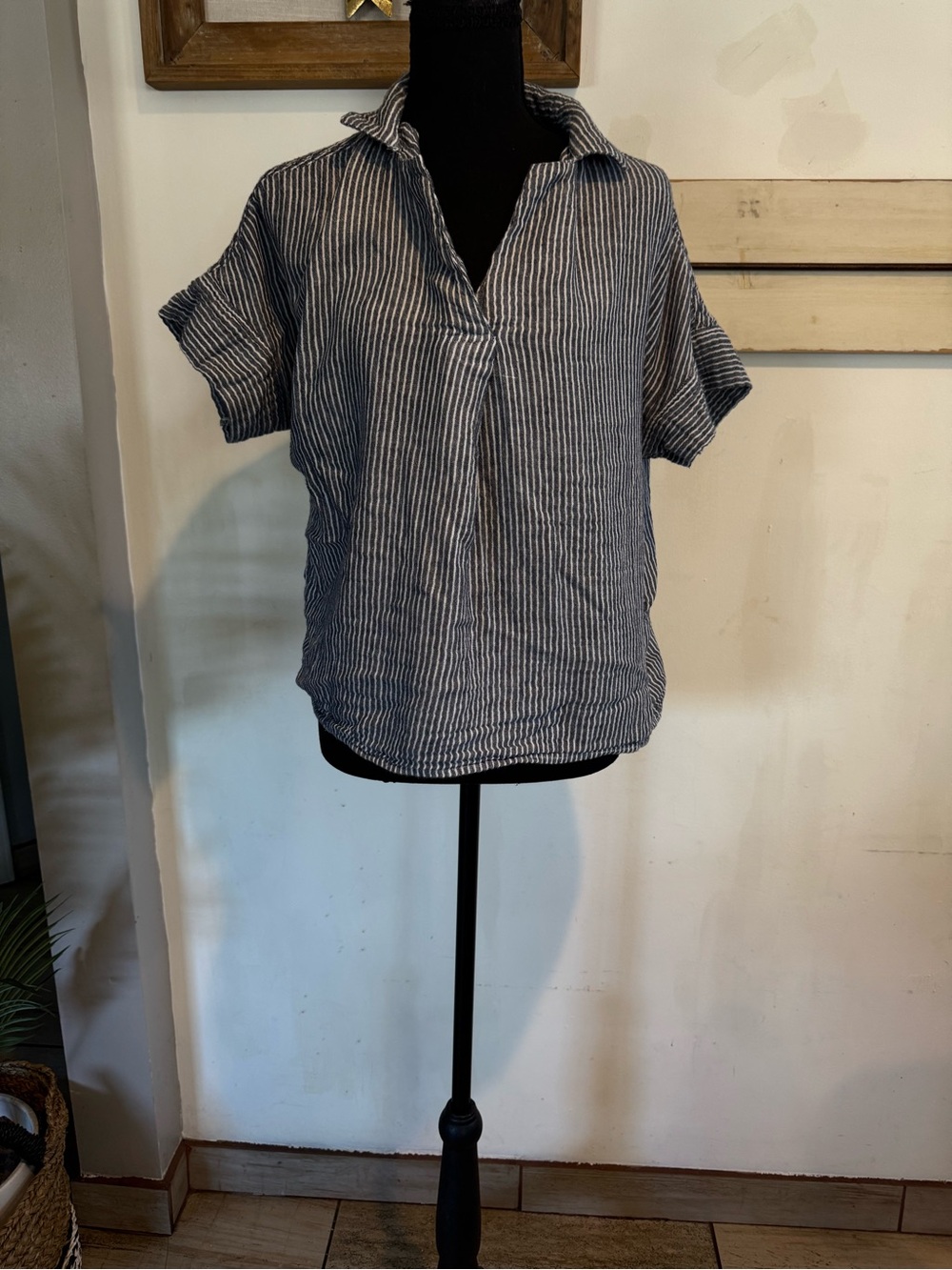 Sonoma Navy and White Striped Short Sleeve Popover Blouse